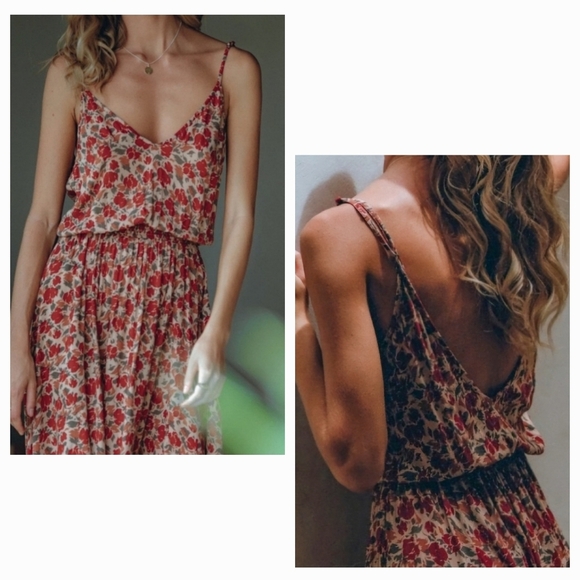 Pampelone Red Beige Floral Alisee Spaghetti Sleeveless Midi Sundress Dress - Picture 3 of 7